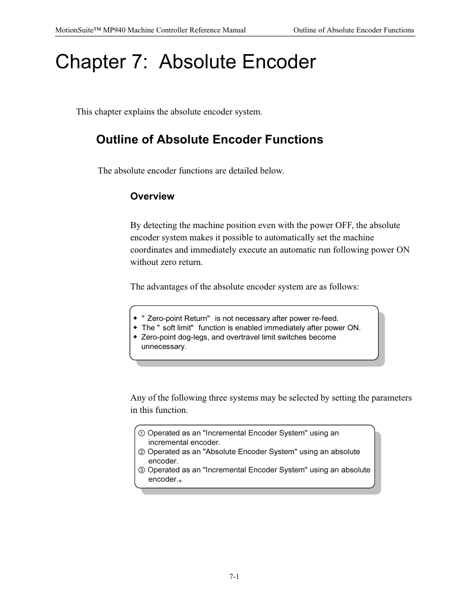 Chapter 7: absolute encoder, Outline of absolute encoder functions, Overview | Yaskawa MP940 Reference Manual User Manual | Page 295 / 525