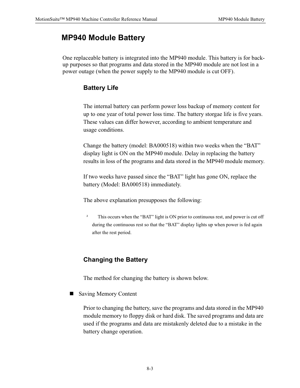 Mp940 module battery, Battery life, Changing the battery | Saving memory content | Yaskawa MP940 Reference Manual User Manual | Page 327 / 525