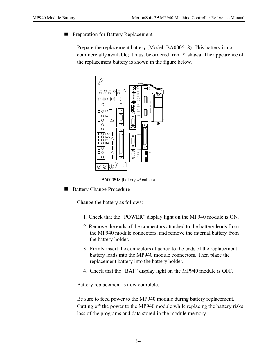 Preparation for battery replacement, Battery change procedure | Yaskawa MP940 Reference Manual User Manual | Page 328 / 525