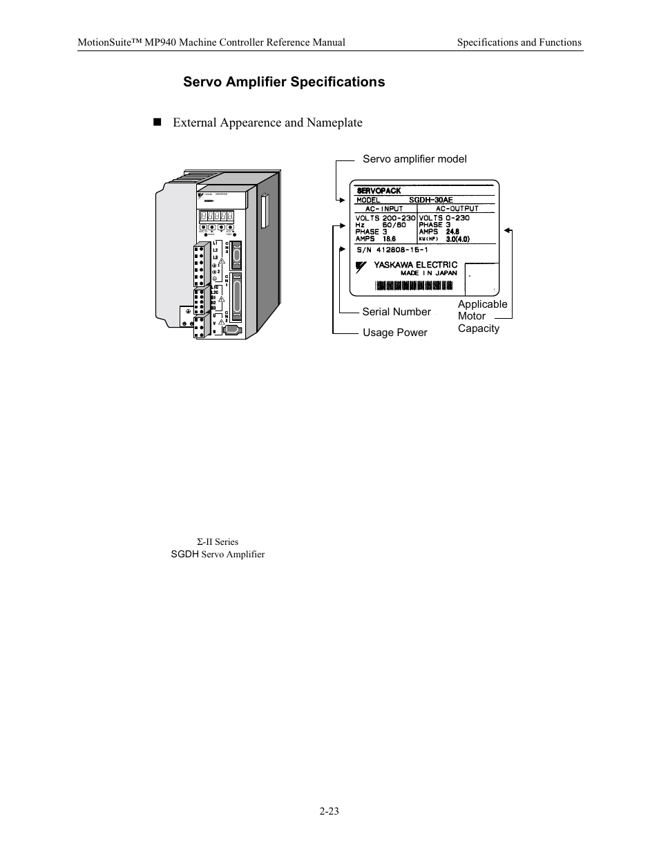 Servo amplifier specifications, External appearence and nameplate, Σ-ii series sgdh servo amplifier | サーボパック形式 製造番号 適用電源 適用モータ容量, Sgdh-30ae | Yaskawa MP940 Reference Manual User Manual | Page 33 / 525