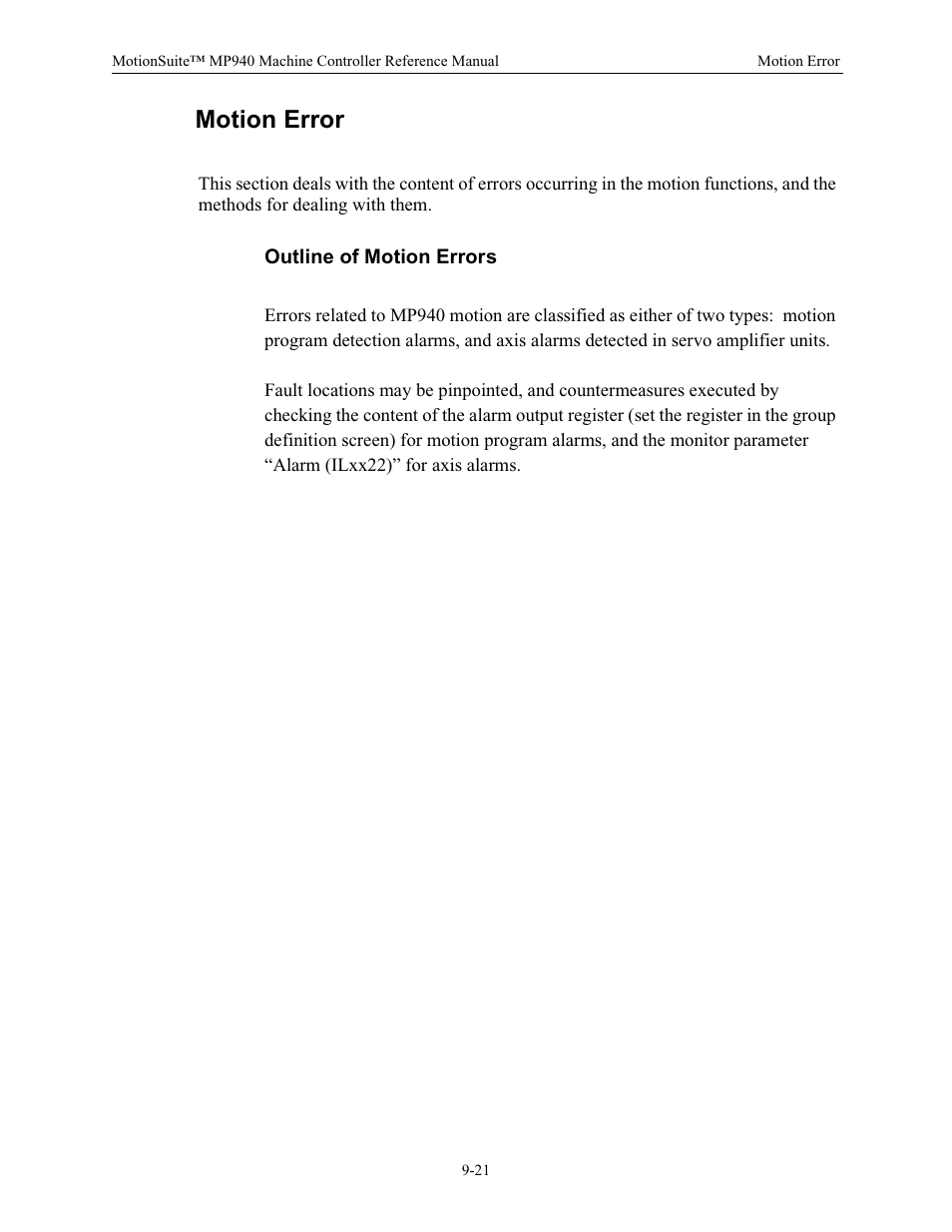 Motion error, Outline of motion errors | Yaskawa MP940 Reference Manual User Manual | Page 349 / 525