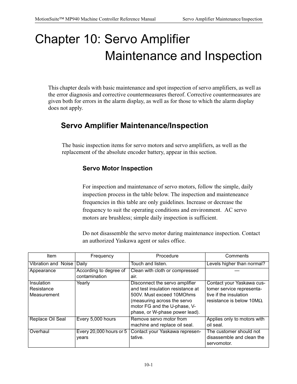 Servo amplifier maintenance/inspection, Servo motor inspection | Yaskawa MP940 Reference Manual User Manual | Page 354 / 525