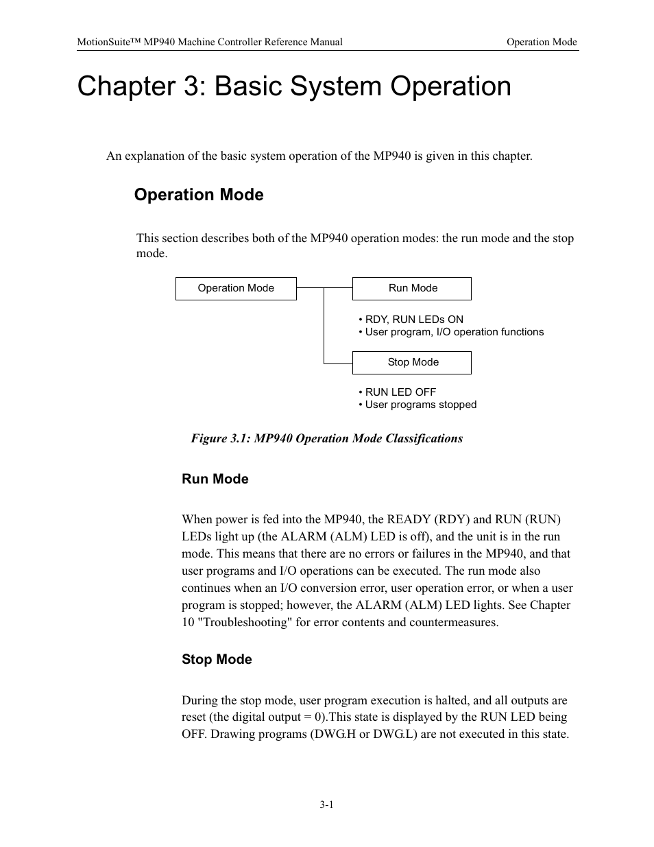 Chapter 3: basic system operation, Operation mode, Run mode | Stop mode | Yaskawa MP940 Reference Manual User Manual | Page 43 / 525