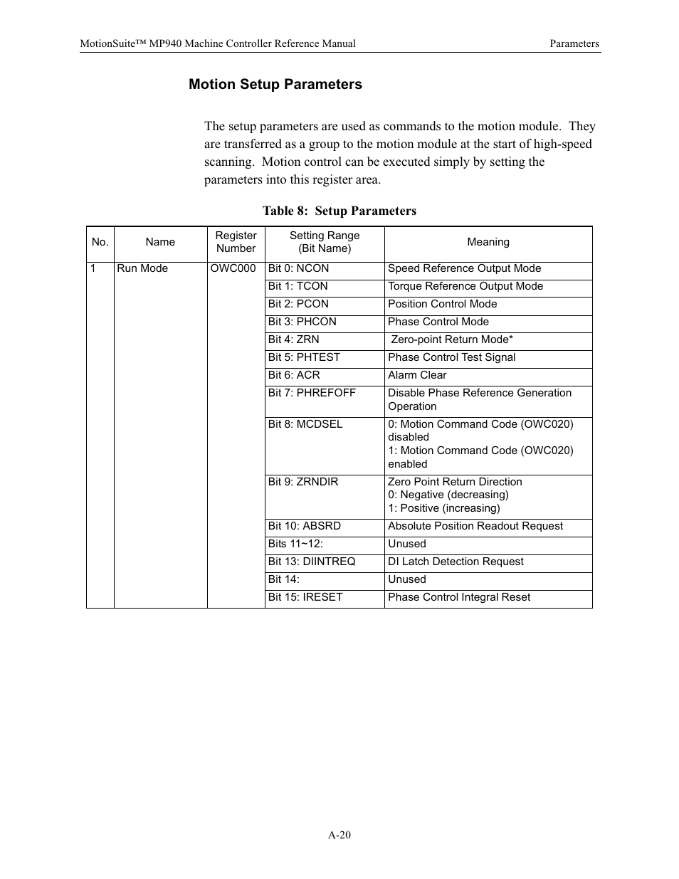 Motion setup parameters, Table 8: setup parameters | Yaskawa MP940 Reference Manual User Manual | Page 507 / 525
