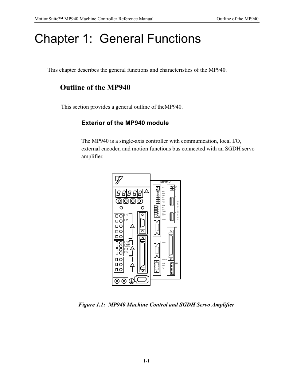 Chapter 1: general functions, Outline of the mp940, Exterior of the mp940 module | Yaskawa MP940 Reference Manual User Manual | Page 6 / 525