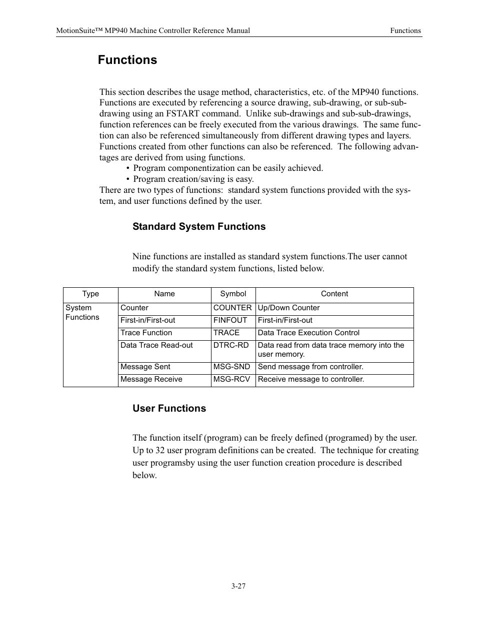 Functions, Standard system functions, User functions | Yaskawa MP940 Reference Manual User Manual | Page 69 / 525