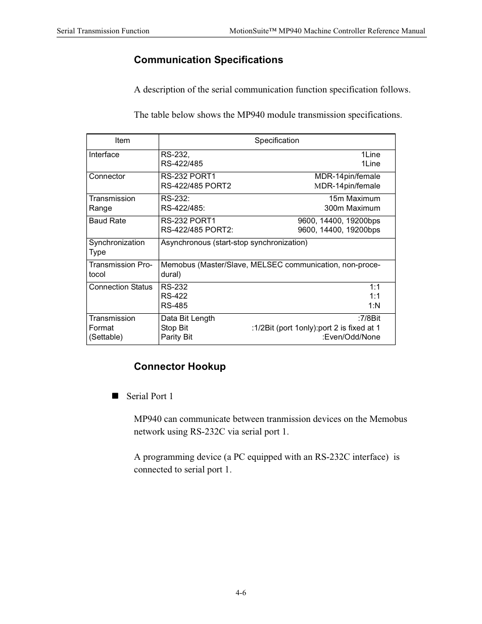 Communication specifications, Connector hookup | Yaskawa MP940 Reference Manual User Manual | Page 97 / 525