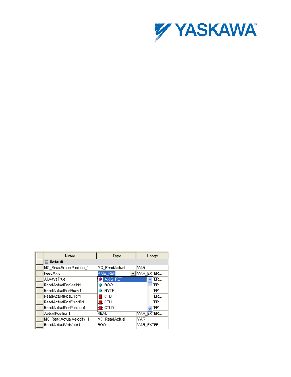 Data type: axis_ref, Data type declaration, Variable declaration example | Yaskawa MotionWorks IEC User Manual | Page 38 / 396