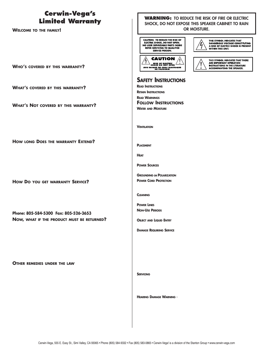 Cerwin-vega’s limited warranty s, Afety, Nstructions | Cerwin-Vega V-12S User Manual | Page 2 / 4