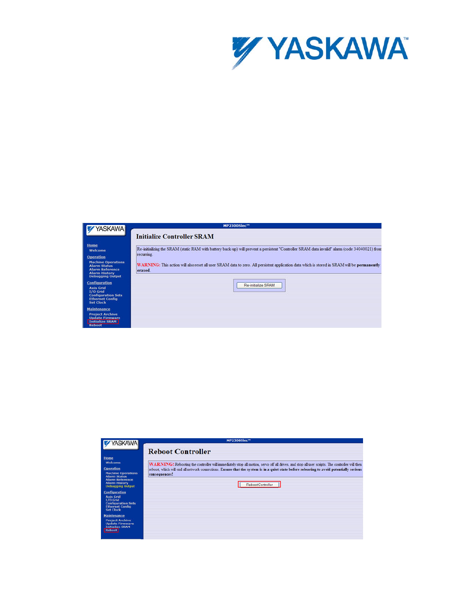 Initialize sram, Reboot | Yaskawa MotionWorks IEC Hardware User Manual | Page 126 / 165