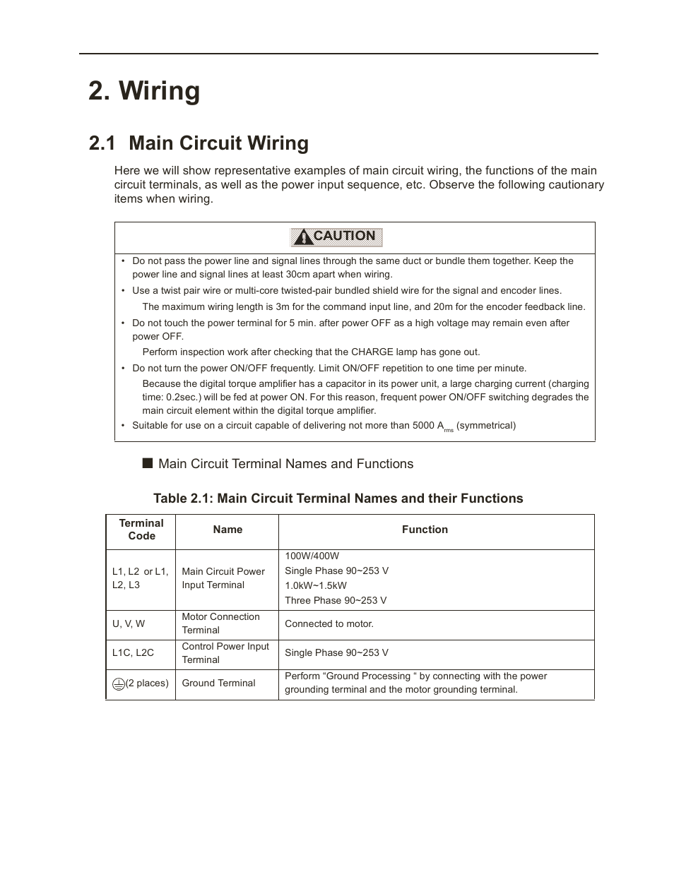 Wiring, 1 main circuit wiring | Yaskawa LEGEND Digital Torque Amplifier User Manual | Page 20 / 81