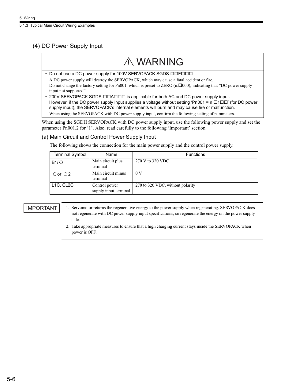 4) dc power supply input, A) main circuit and control power supply input, Warning | 6 (4) dc power supply input | Yaskawa SGDS Sigma III Servo Amplifier User Manual | Page 109 / 374