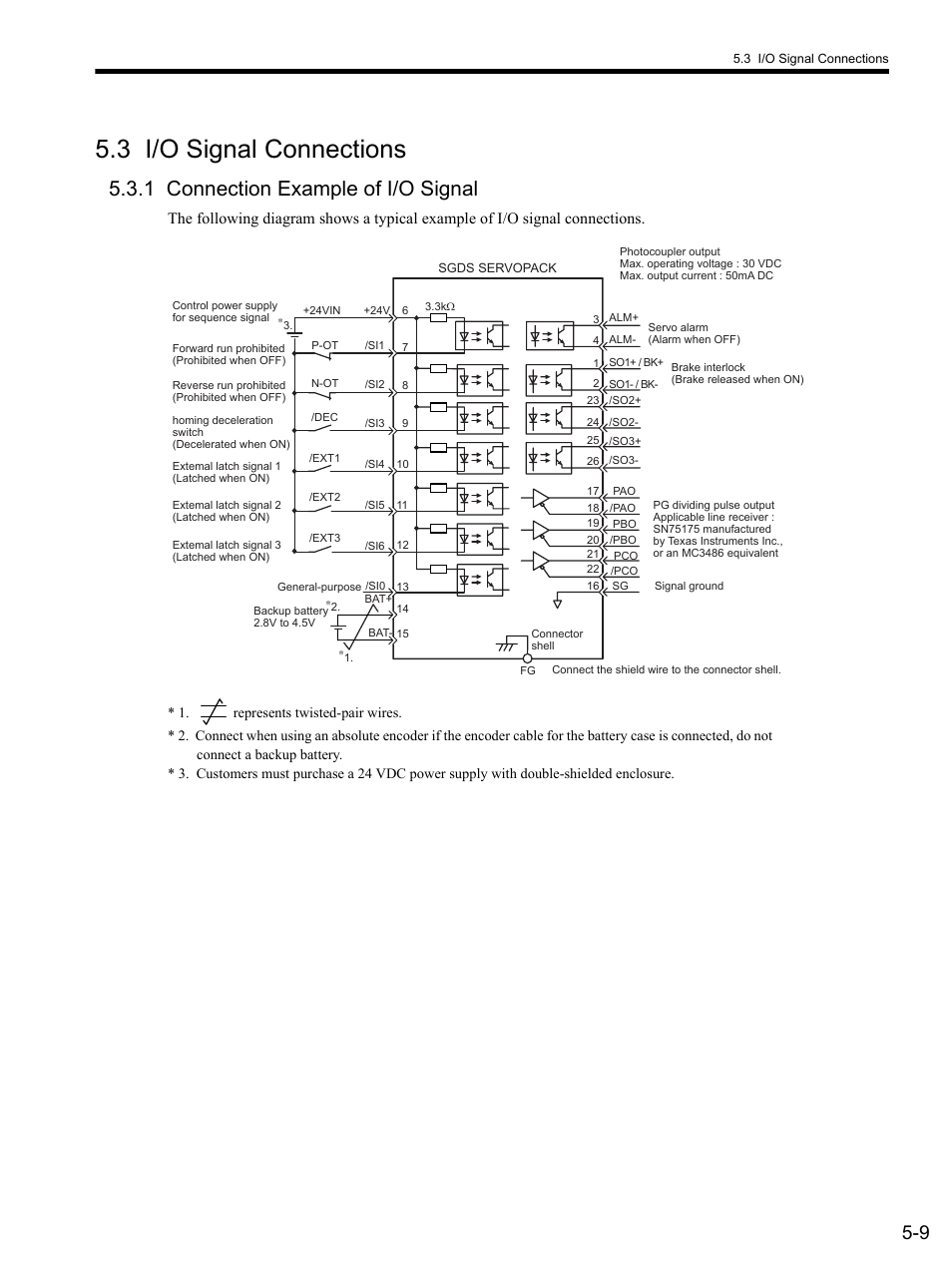 3 i/o signal connections, 1 connection example of i/o signal, 3 i/o signa | 3 i/o signal connections -9, 1 connection example of i/o signal -9 | Yaskawa SGDS Sigma III Servo Amplifier User Manual | Page 112 / 374