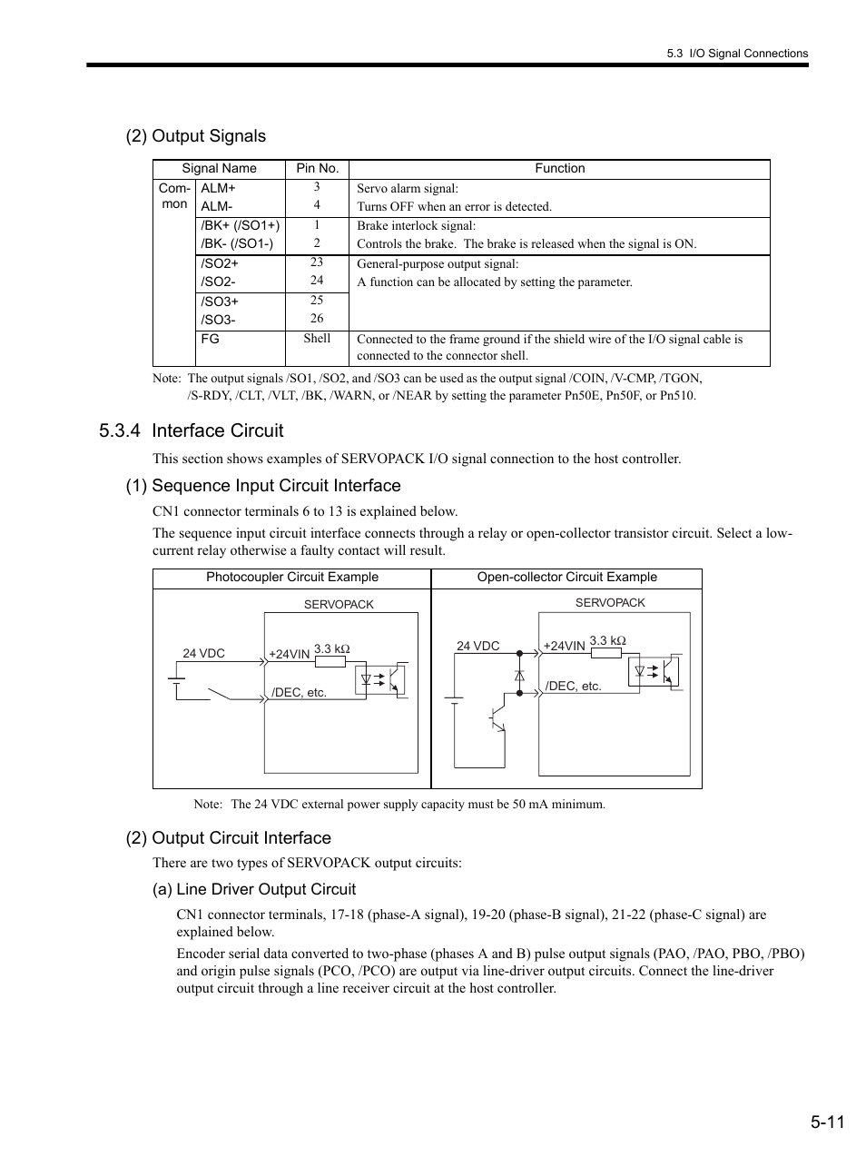2) output signals, 4 interface circuit, 1) sequence input circuit interface | 2) output circuit interface, A) line driver output circuit, 4 inter, 4 interface circuit -11, 11 (2) output signals | Yaskawa SGDS Sigma III Servo Amplifier User Manual | Page 114 / 374