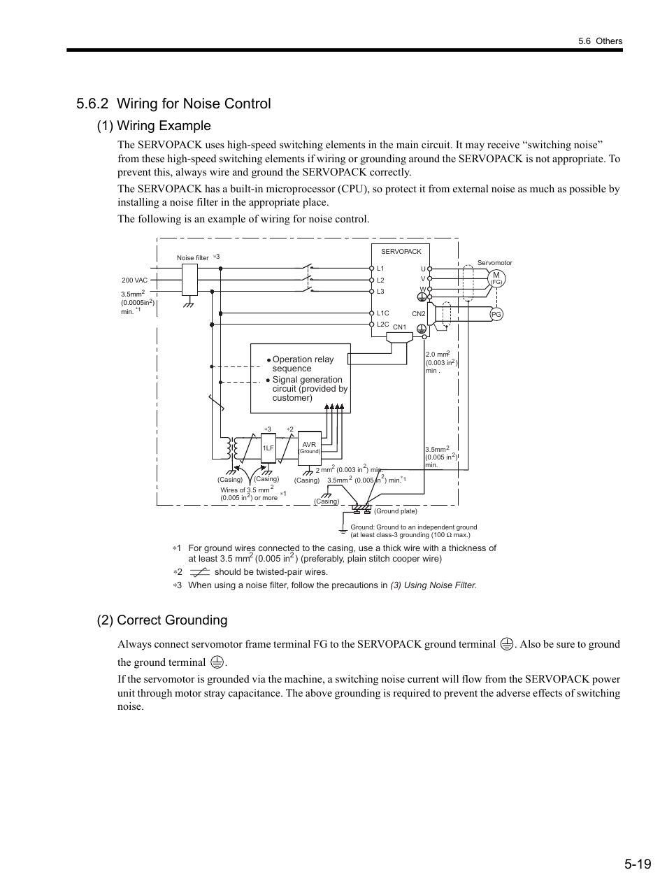 2 wiring for noise control, 1) wiring example, 2) correct grounding | 2 wiring for, 2 wiring for noise control -19 | Yaskawa SGDS Sigma III Servo Amplifier User Manual | Page 122 / 374