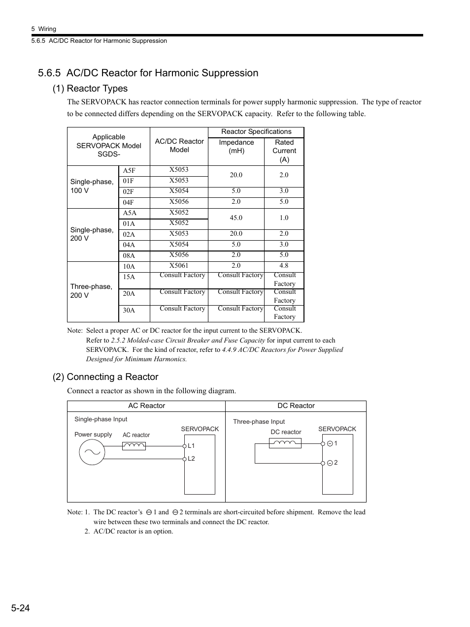 5 ac/dc reactor for harmonic suppression, 1) reactor types, 2) connecting a reactor | 5 ac/d, 5 ac/dc reactor for harmonic suppression -24 | Yaskawa SGDS Sigma III Servo Amplifier User Manual | Page 127 / 374