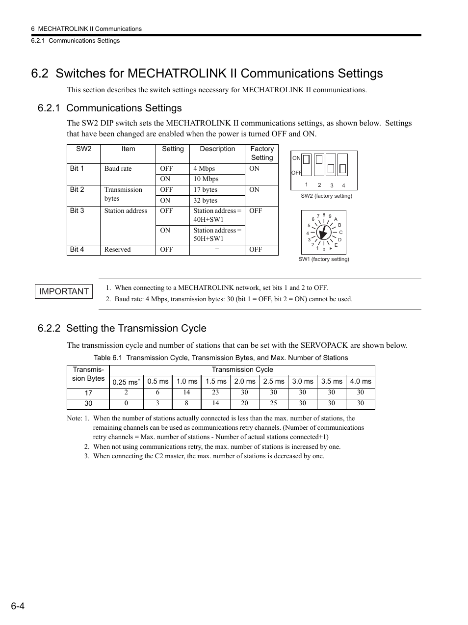 1 communications settings, 2 setting the transmission cycle, 2 switch | 2 settin, Important | Yaskawa SGDS Sigma III Servo Amplifier User Manual | Page 135 / 374