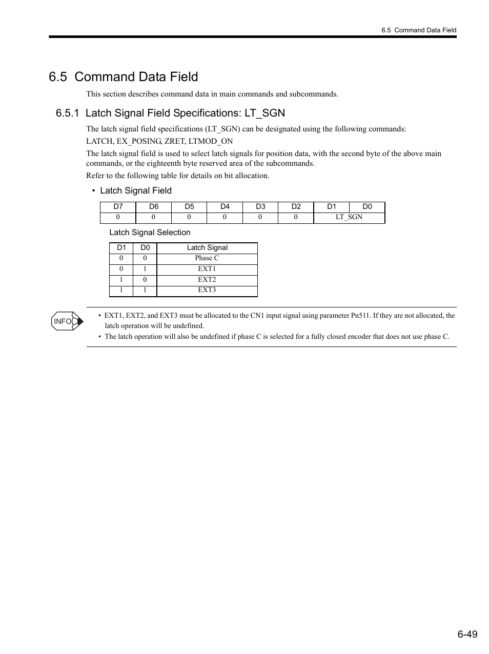 5 command data field, 1 latch signal field specifications: lt_sgn, 5 command dat | 5 command data field -49, 1 latch signal field specifications: lt_sgn -49, Fer to 6.5.1 latch signal field specifications, Lt_sgn (l | Yaskawa SGDS Sigma III Servo Amplifier User Manual | Page 180 / 374
