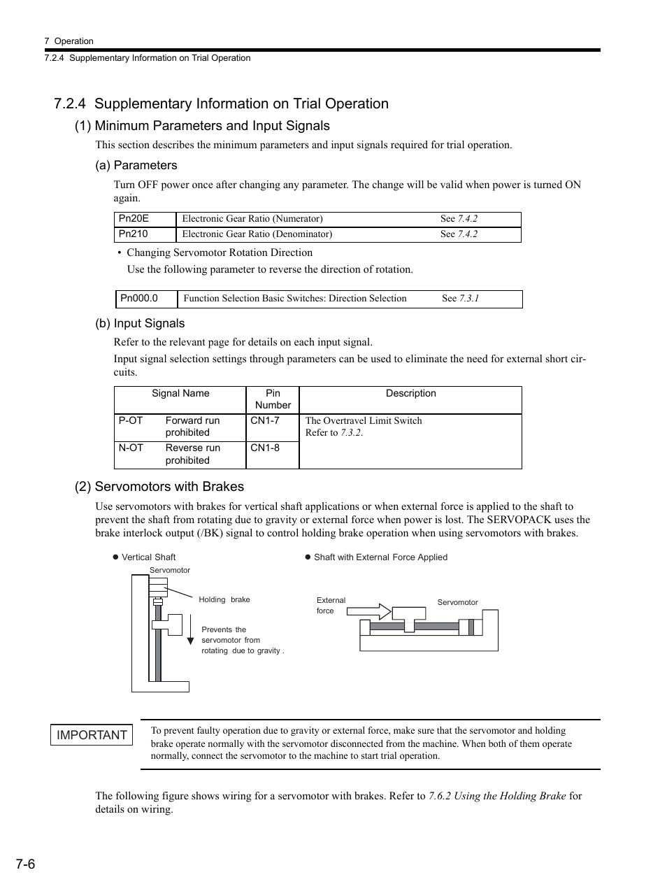 4 supplementary information on trial operation, 1) minimum parameters and input signals, A) parameters | B) input signals, 2) servomotors with brakes, 4 suppl, 4 supplementary information on trial operation -6, Refer to 7.2.4 | Yaskawa SGDS Sigma III Servo Amplifier User Manual | Page 195 / 374