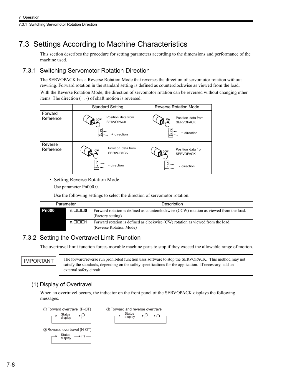 3 settings according to machine characteristics, 1 switching servomotor rotation direction, 2 setting the overtravel limit function | 1) display of overtravel, 3 settings accord, 1 sw, 2 setting the, 3 settings according to machine characteristics -8, Refer to 7.3.2 | Yaskawa SGDS Sigma III Servo Amplifier User Manual | Page 197 / 374