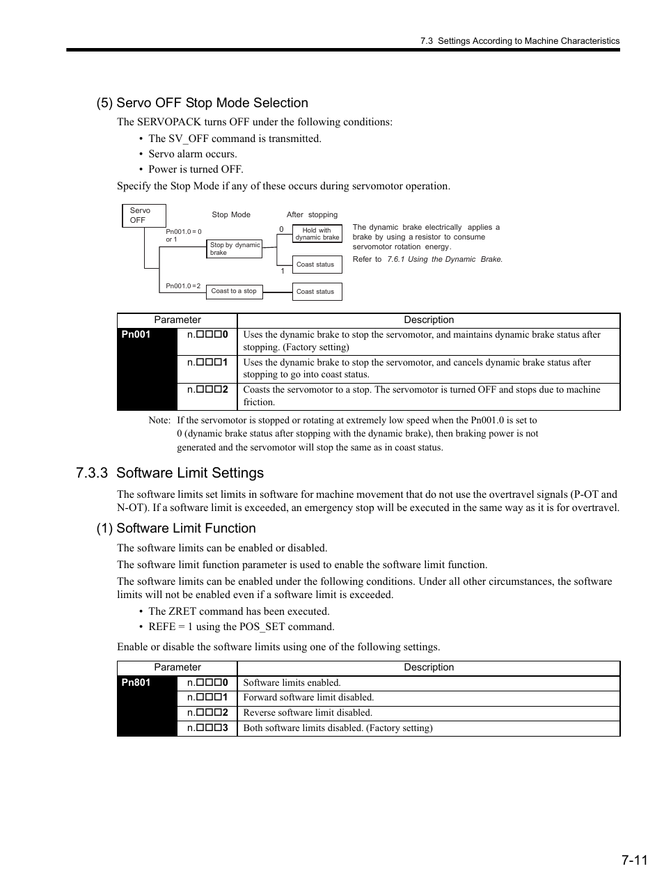 5) servo off stop mode selection, 3 software limit settings, 1) software limit function | 3 sof, 3 software limit settings -11, 11 (5) servo off stop mode selection | Yaskawa SGDS Sigma III Servo Amplifier User Manual | Page 200 / 374