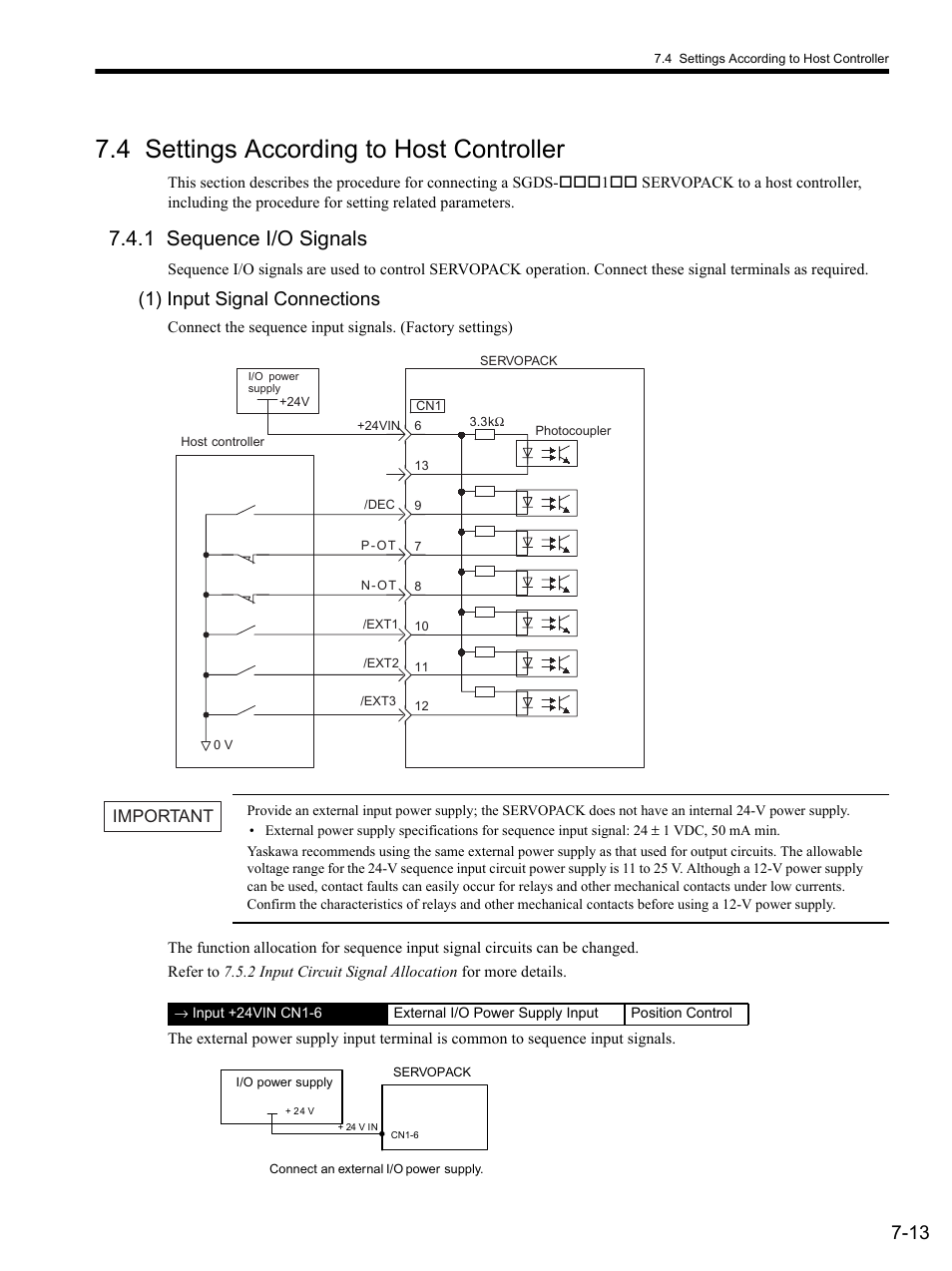 4 settings according to host controller, 1 sequence i/o signals, 1) input signal connections | 4 settings accord, 1 seque, 4 settings according to host controller -13, 1 sequence i/o signals -13, Important | Yaskawa SGDS Sigma III Servo Amplifier User Manual | Page 202 / 374