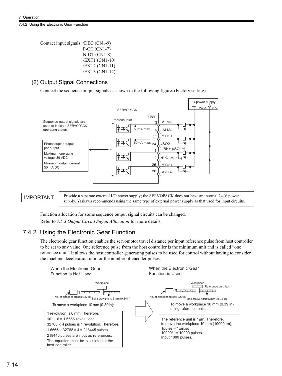 2) output signal connections, 2 using the electronic gear function, 2 using | 2 using the electronic gear function -14, Ee 7.4.2, Important | Yaskawa SGDS Sigma III Servo Amplifier User Manual | Page 203 / 374
