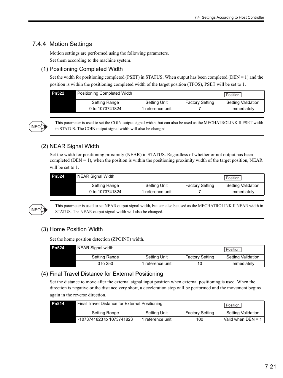 4 motion settings, 1) positioning completed width, 2) near signal width | 3) home position width, 4) final travel distance for external positioning, 4 motion settings -21 | Yaskawa SGDS Sigma III Servo Amplifier User Manual | Page 210 / 374