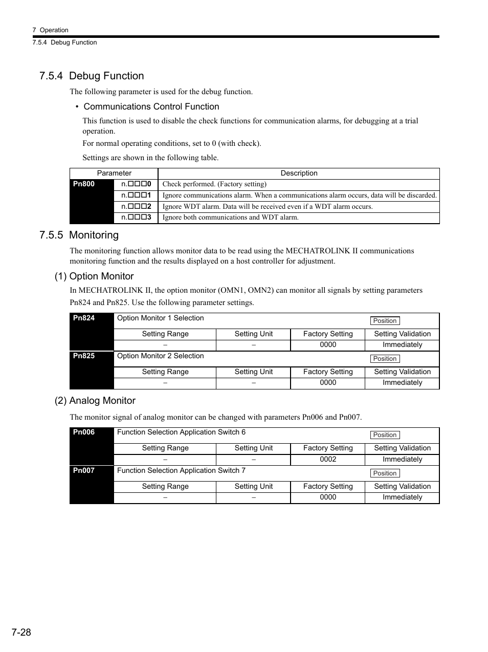 4 debug function, 5 monitoring, 1) option monitor | 2) analog monitor, 4 debug function -28 7.5.5 monitoring -28 | Yaskawa SGDS Sigma III Servo Amplifier User Manual | Page 217 / 374