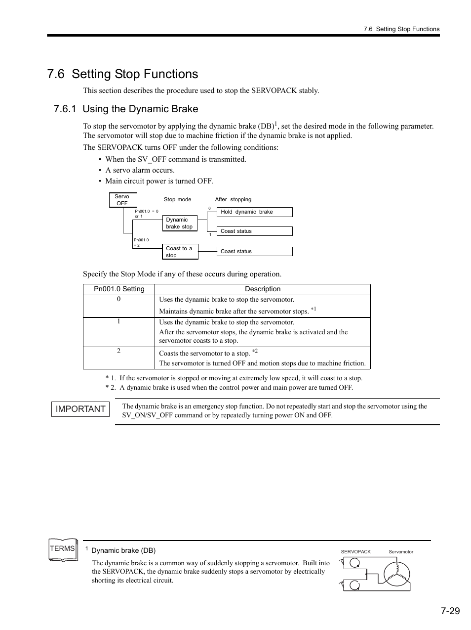 6 setting stop functions, 1 using the dynamic brake, 6 setting s | 1 using, 6 setting stop functions -29, 1 using the dynamic brake -29, Important | Yaskawa SGDS Sigma III Servo Amplifier User Manual | Page 218 / 374