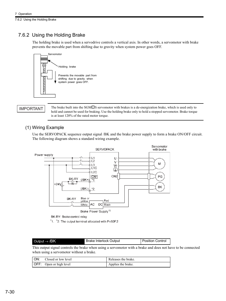 2 using the holding brake, 1) wiring example, 2 using | 2 using the holding brake -30, To 7.6.2 using the holding brake | Yaskawa SGDS Sigma III Servo Amplifier User Manual | Page 219 / 374