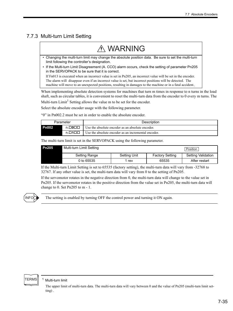 3 multi-turn limit setting, 3 multi-turn limit setting -35, Warning | Yaskawa SGDS Sigma III Servo Amplifier User Manual | Page 224 / 374