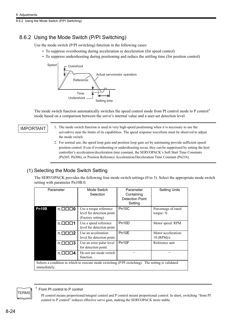2 using the mode switch (p/pi switching), 1) selecting the mode switch setting, 2 using the mode switch (p/pi switching) -24 | Yaskawa SGDS Sigma III Servo Amplifier User Manual | Page 251 / 374