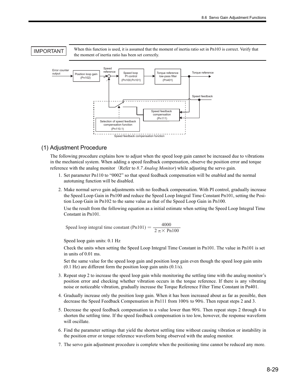 1) adjustment procedure, Important | Yaskawa SGDS Sigma III Servo Amplifier User Manual | Page 256 / 374