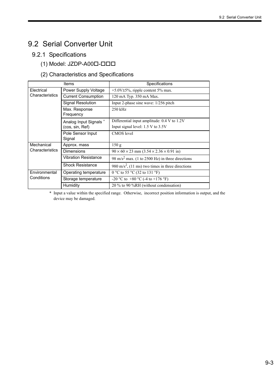 2 serial converter unit, 1 specifications, 1) model: jzdp-a00o-ooo | 2) characteristics and specifications, 2 serial converter unit -3, 1 specifications -3 | Yaskawa SGDS Sigma III Servo Amplifier User Manual | Page 282 / 374