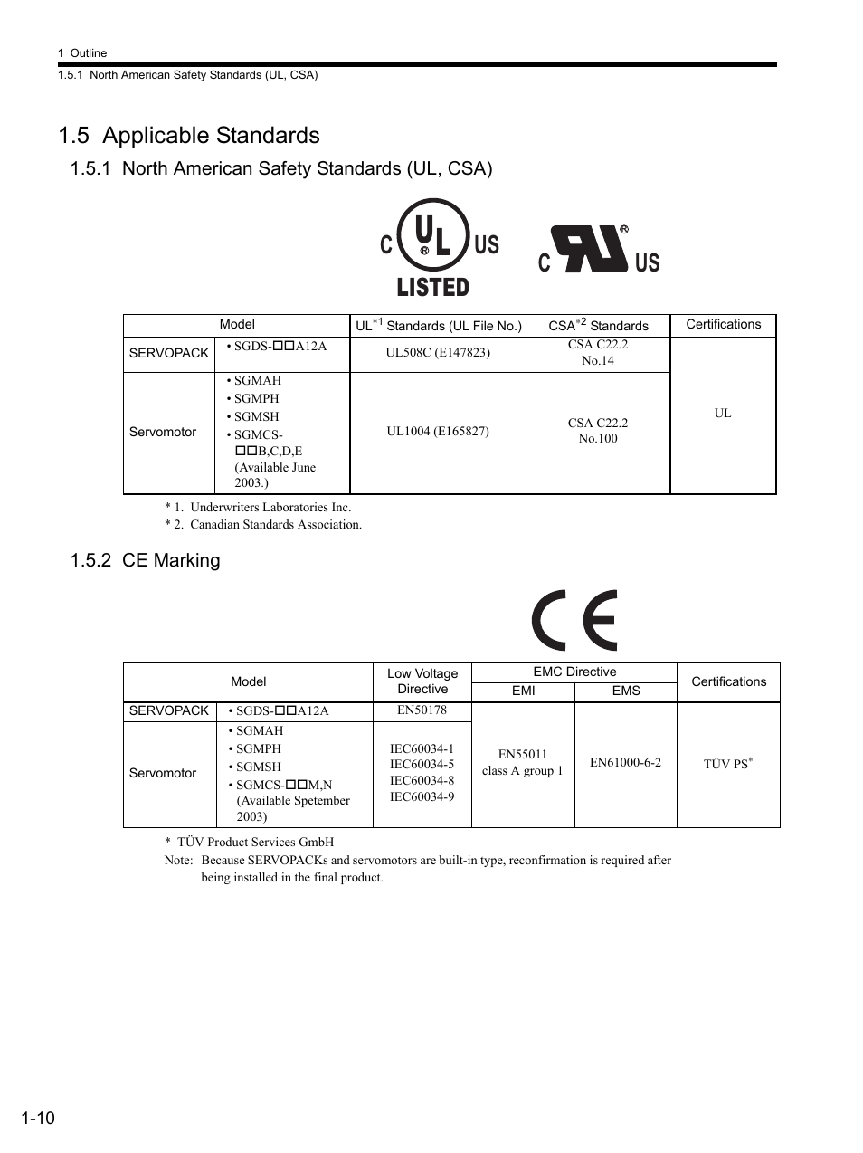 5 applicable standards, 1 north american safety standards (ul, csa), 2 ce marking | 5 applicab, 1 north ame, 5 applicable standards -10, Us listed c | Yaskawa SGDS Sigma III Servo Amplifier User Manual | Page 29 / 374