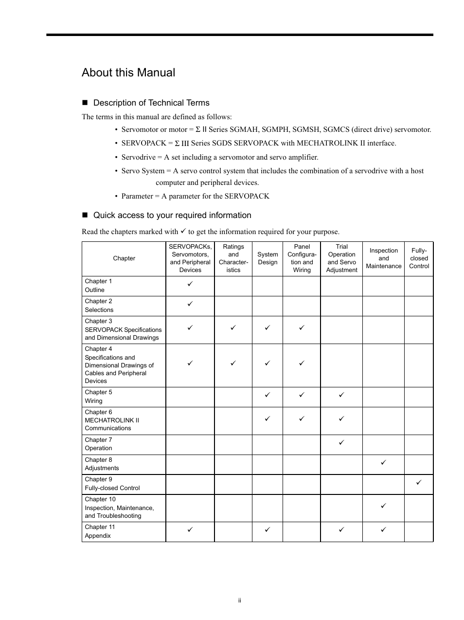 About this manual, Description of technical terms, Quick access to your required information | Yaskawa SGDS Sigma III Servo Amplifier User Manual | Page 3 / 374