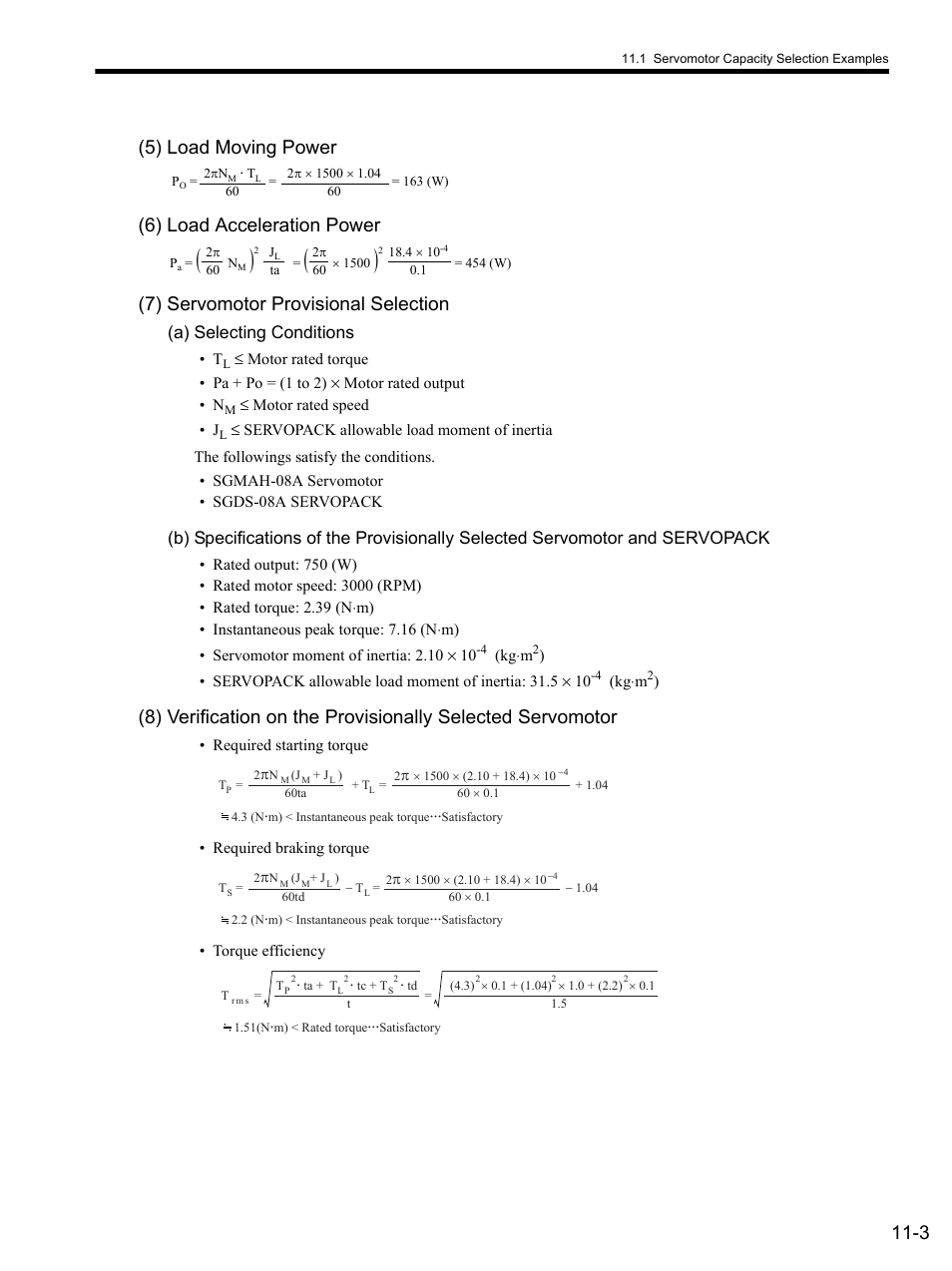 5) load moving power, 6) load acceleration power, 7) servomotor provisional selection | A) selecting conditions | Yaskawa SGDS Sigma III Servo Amplifier User Manual | Page 318 / 374
