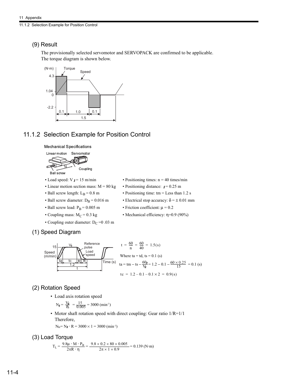 9) result, 2 selection example for position control, 1) speed diagram | 2) rotation speed, 3) load torque, 2 selection example for position control -4, 4 (9) result, 1) speed diagram (2) rotation speed | Yaskawa SGDS Sigma III Servo Amplifier User Manual | Page 319 / 374