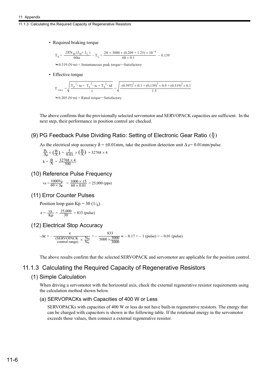 10) reference pulse frequency, 11) error counter pulses, 12) electrical stop accuracy | 1) simple calculation, A) servopacks with capacities of 400 w or less | Yaskawa SGDS Sigma III Servo Amplifier User Manual | Page 321 / 374