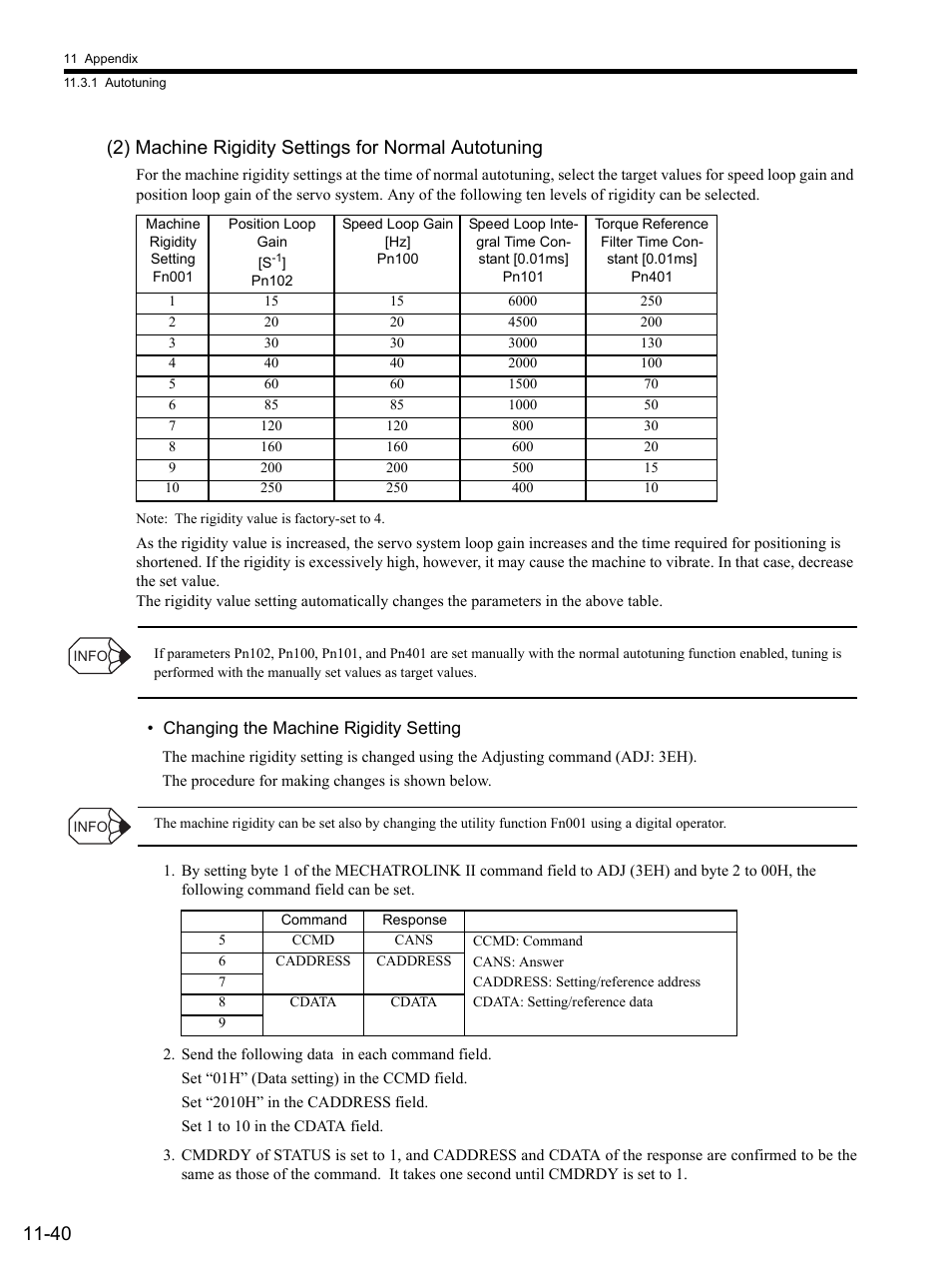 2) machine rigidity settings for normal autotuning, Send the following data in each command field | Yaskawa SGDS Sigma III Servo Amplifier User Manual | Page 355 / 374
