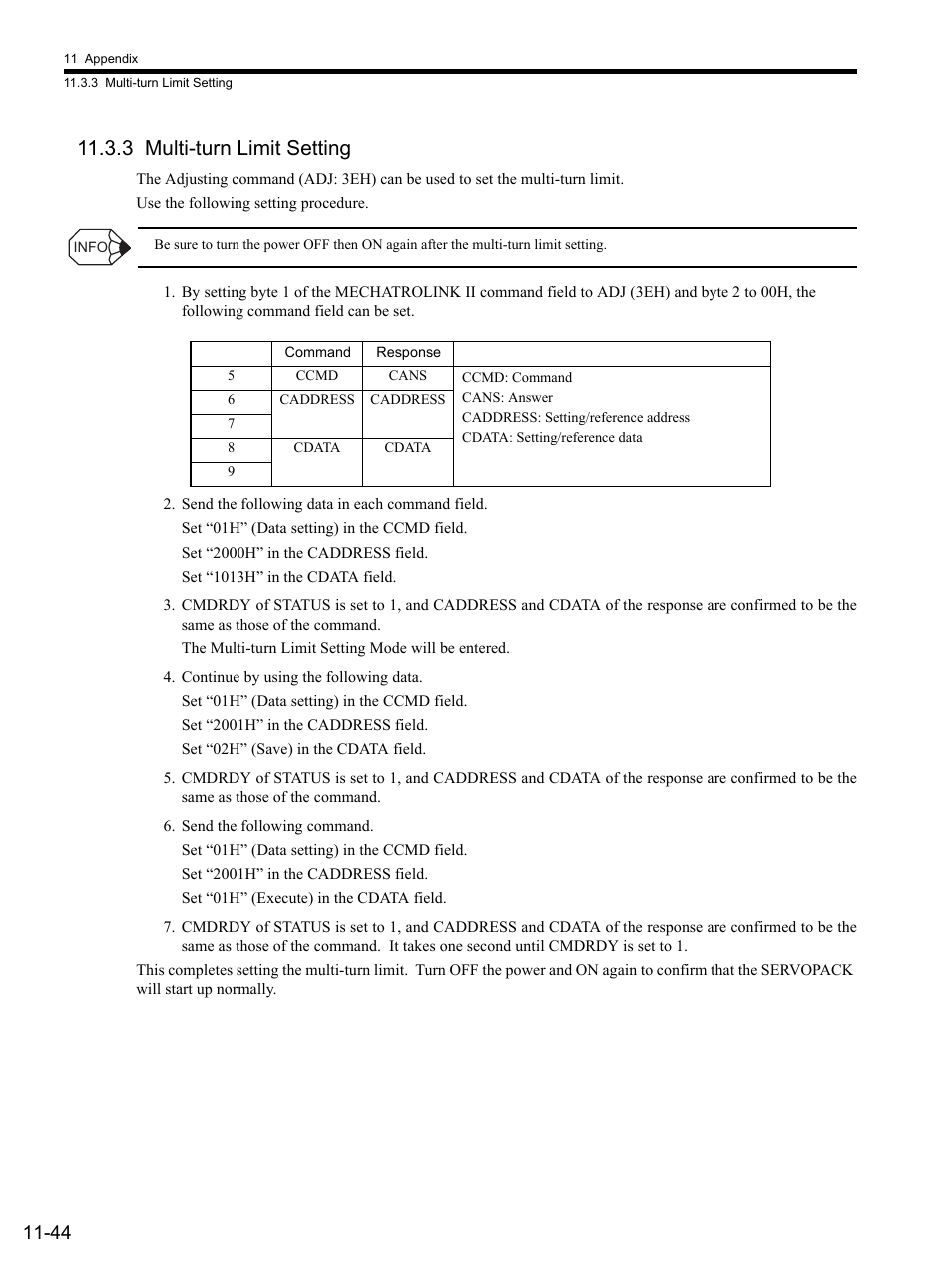 3 multi-turn limit setting, Send the following data in each command field, Continue by using the following data | Send the following command, 3 multi-turn limit setting -44 | Yaskawa SGDS Sigma III Servo Amplifier User Manual | Page 359 / 374