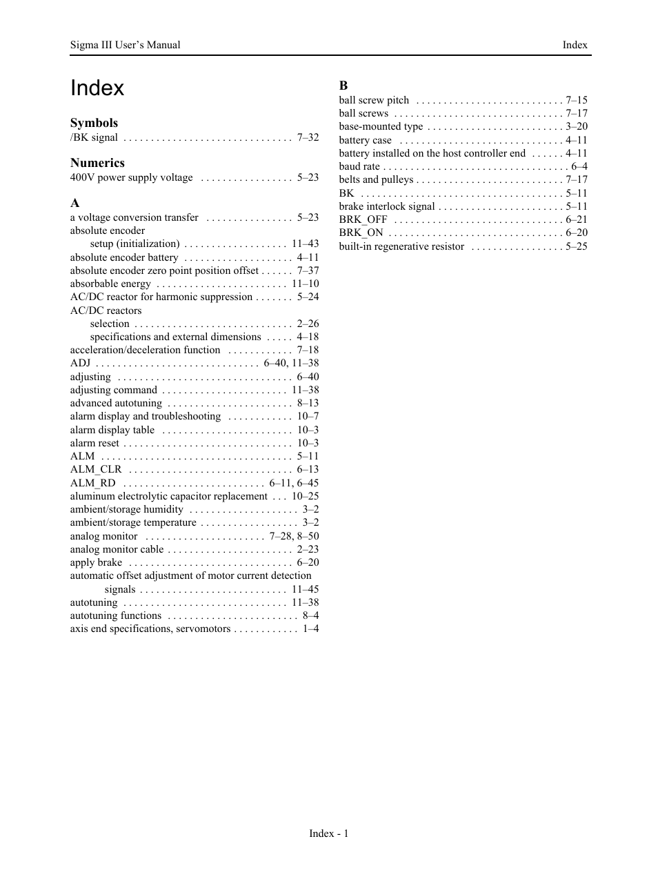 Index, Symbols, Numerics | Yaskawa SGDS Sigma III Servo Amplifier User Manual | Page 366 / 374
