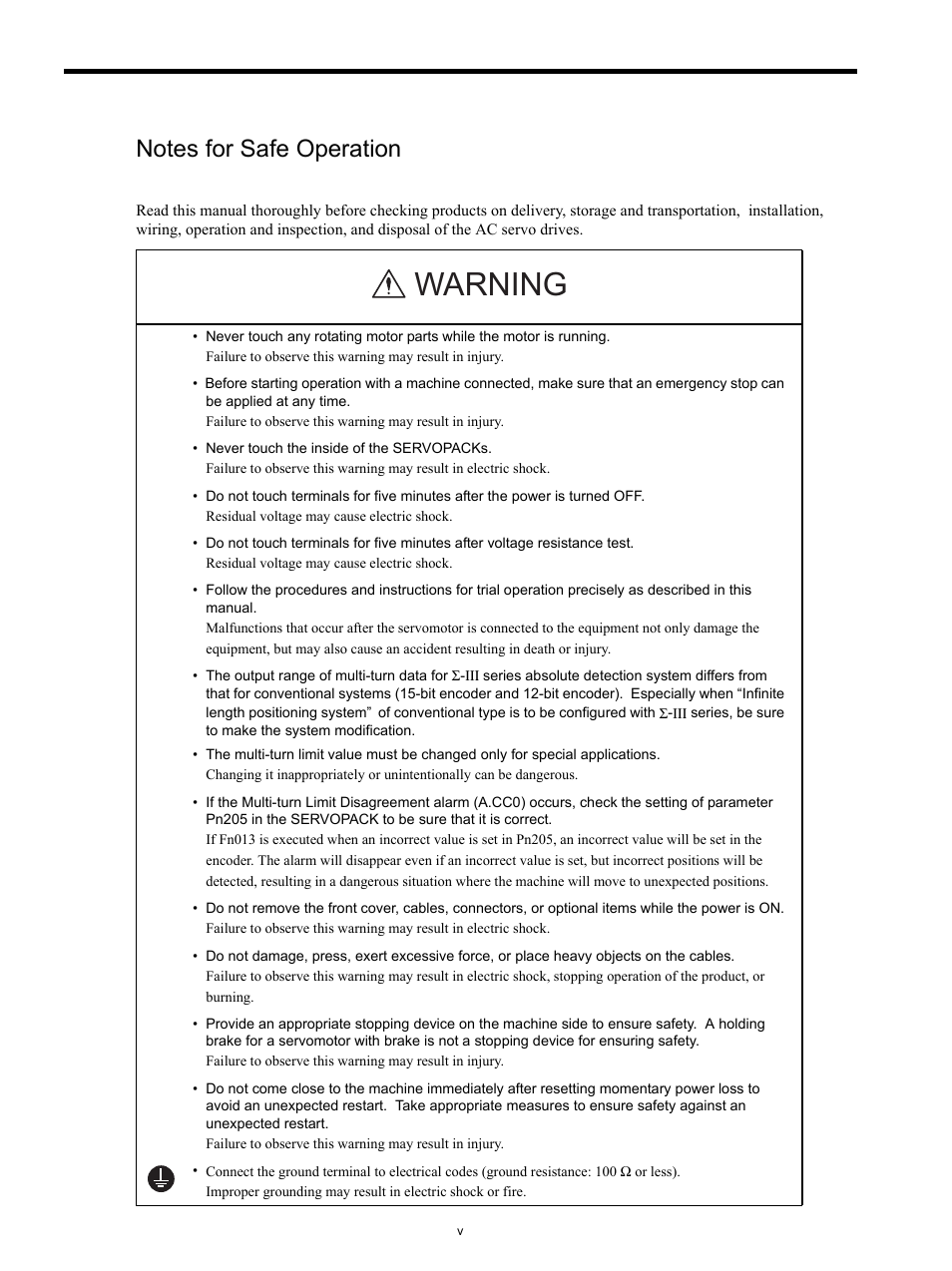 Notes for safe operation, Warning | Yaskawa SGDS Sigma III Servo Amplifier User Manual | Page 6 / 374