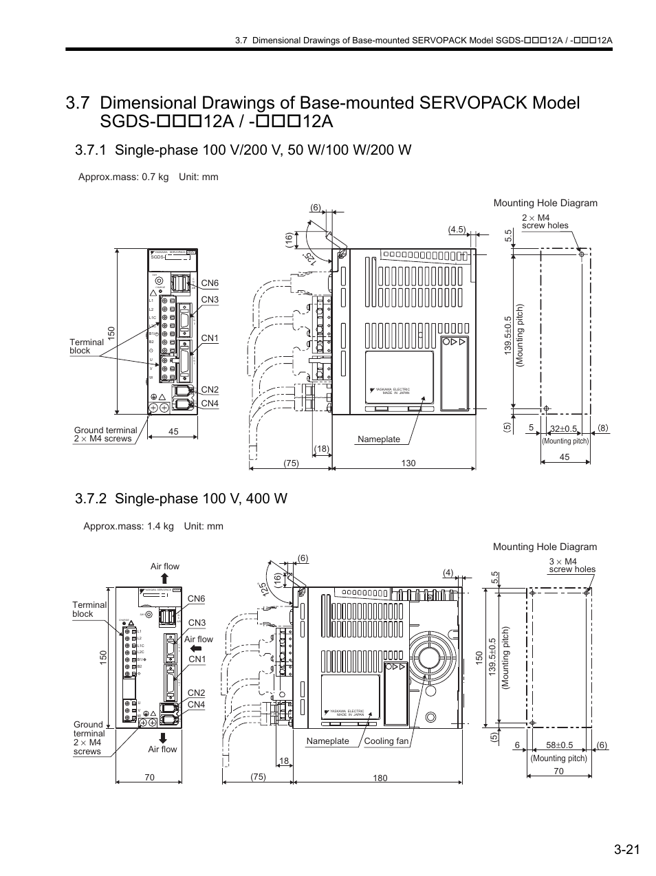1 single-phase 100 v/200 v, 50 w/100 w/200 w, 2 single-phase 100 v, 400 w, 7 dimensiona | Approx.mass: 0.7 kg unit: mm, Mounting hole diagram, Approx.mass: 1.4 kg unit: mm | Yaskawa SGDS Sigma III Servo Amplifier User Manual | Page 78 / 374