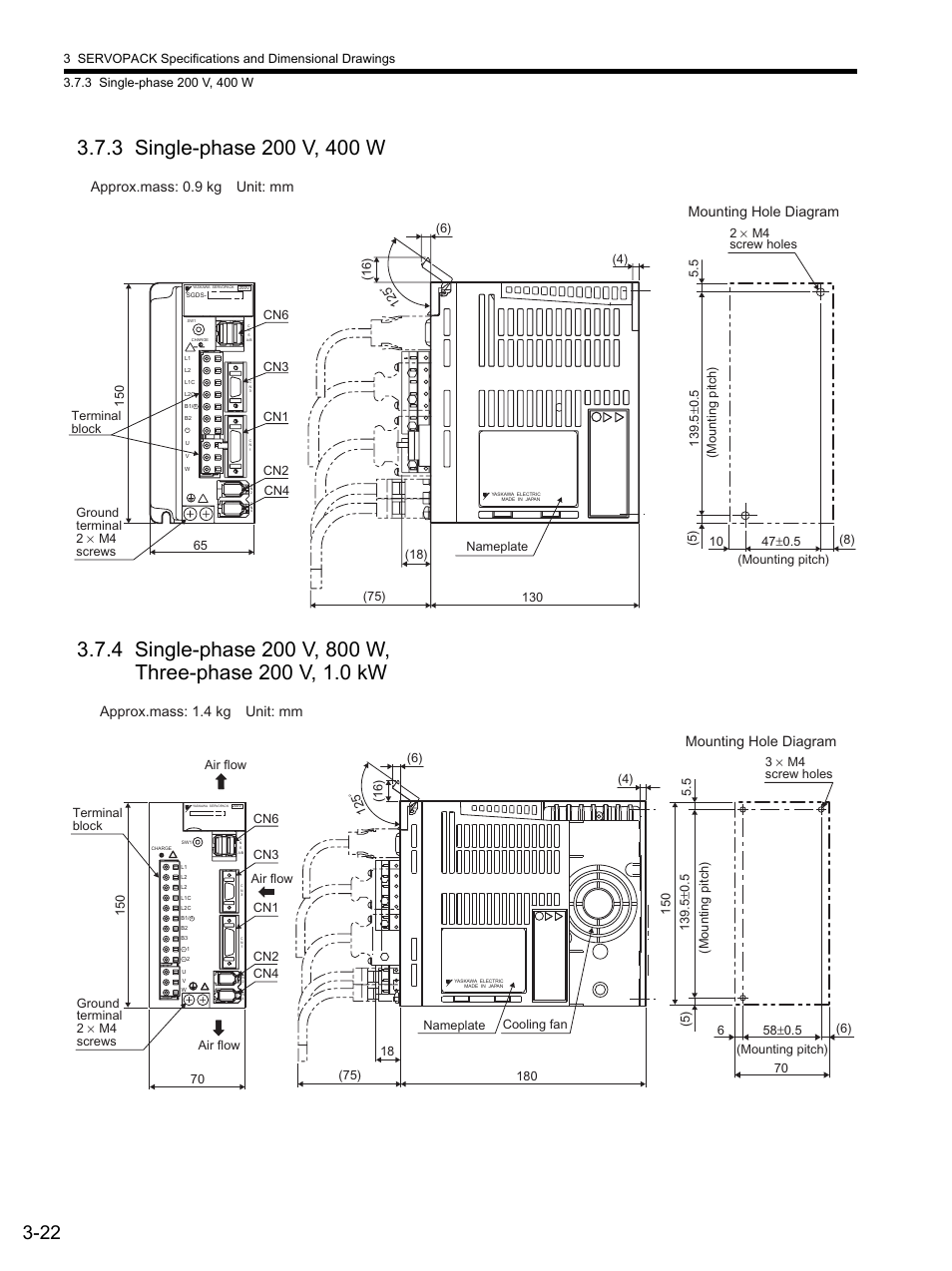 3 single-phase 200 v, 400 w, Mounting hole diagram, Approx.mass: 0.9 kg unit: mm | Approx.mass: 1.4 kg unit: mm | Yaskawa SGDS Sigma III Servo Amplifier User Manual | Page 79 / 374