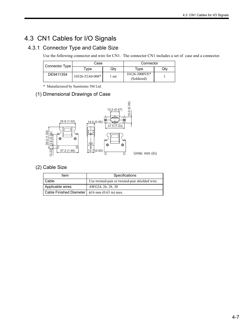 3 cn1 cables for i/o signals, 1 connector type and cable size, 1) dimensional drawings of case | 2) cable size, 3 cn1 cables fo, 3 cn1 cables for i/o signals -7, 1 connector type and cable size -7, 1) dimensional drawings of case (2) cable size | Yaskawa SGDS Sigma III Servo Amplifier User Manual | Page 88 / 374