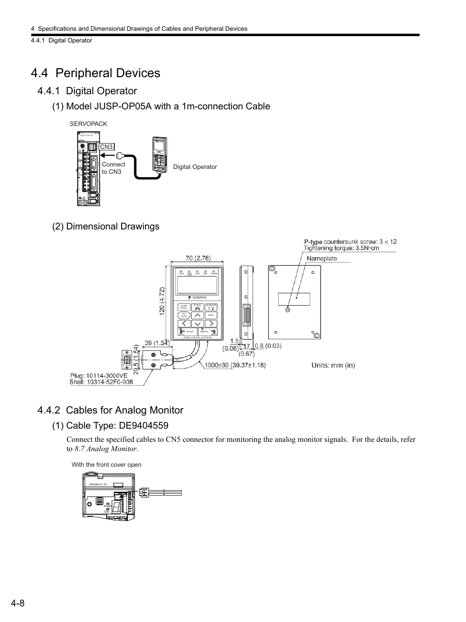 4 peripheral devices, 1 digital operator, 1) model jusp-op05a with a 1m-connection cable | 2) dimensional drawings, 2 cables for analog monitor, 1) cable type: de9404559, 4 peripheral devices -8, C n 2 c n 4 a / b, On 1 | Yaskawa SGDS Sigma III Servo Amplifier User Manual | Page 89 / 374