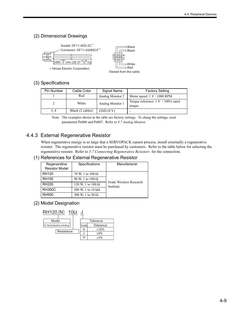2) dimensional drawings, 3) specifications, 3 external regenerative resistor | 1) references for external regenerative resistor, 2) model designation, Refer to 4.4.3 external regenerative resistor, Refer to 4.4.3 and, 3 external regenerative resistor -9, 9 (2) dimensional drawings (3) specifications | Yaskawa SGDS Sigma III Servo Amplifier User Manual | Page 90 / 374