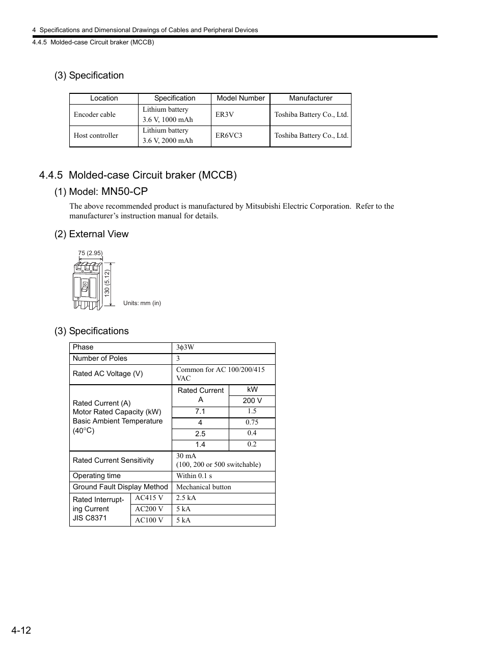 3) specification, 5 molded-case circuit braker (mccb), 1) model: mn50-cp | 2) external view, 3) specifications, 5 molded-case circuit braker (mccb) -12, Mn50-cp, 12 (3) specification, 1) model, 2) external view (3) specifications | Yaskawa SGDS Sigma III Servo Amplifier User Manual | Page 93 / 374